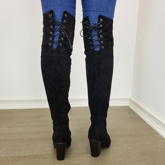 Suede Over the knee heel Boots with lace up back - Picture 3 of 8